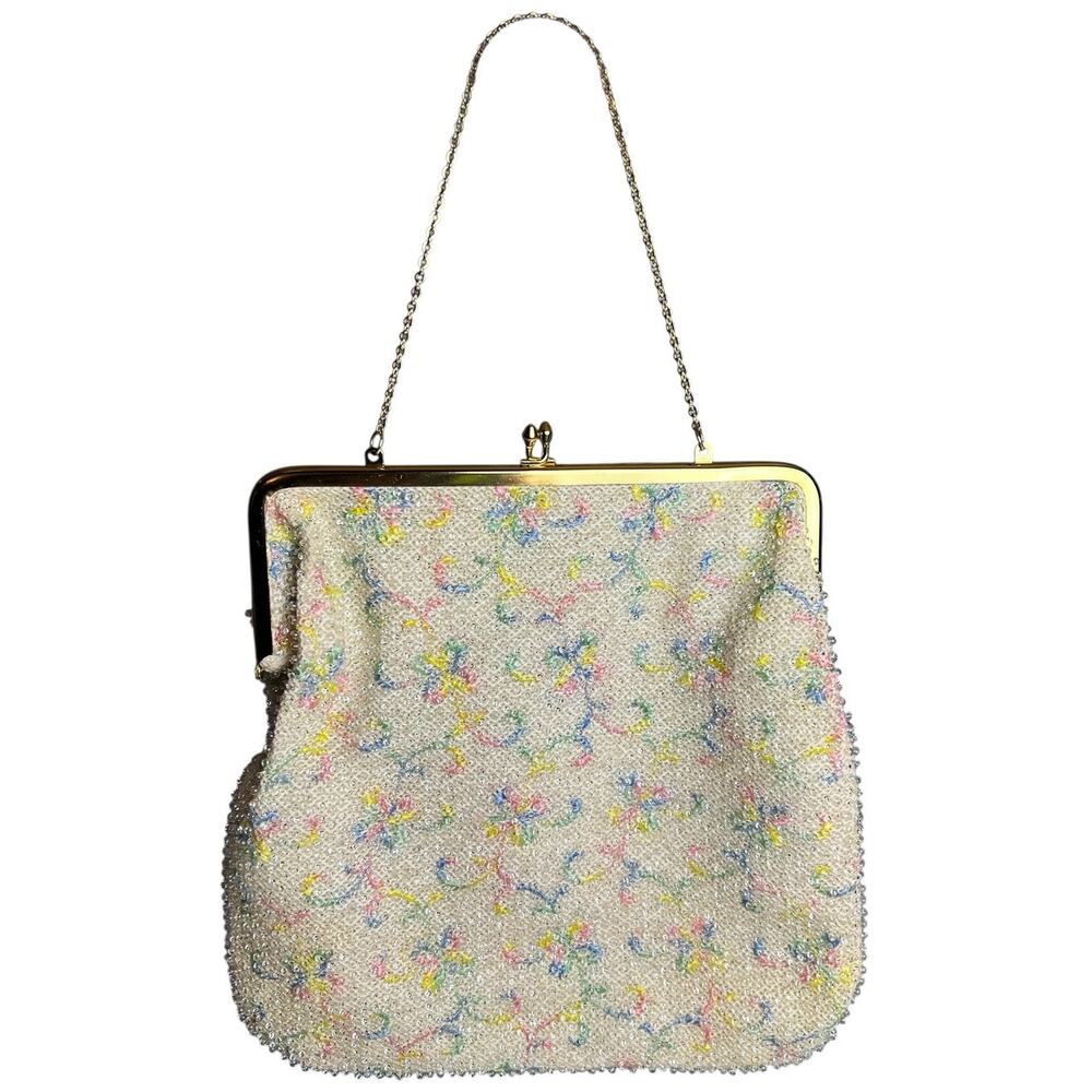 Vintage Corde Bead Microbeaded Evening Clutch Pastel Floral Kiss Lock Bag